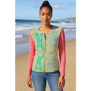 J. McLaughlin Pink Blue Yellow Paisley Silk Blend Ouilted Sweater, S